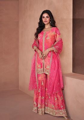 Orange Digital Print Sequin Embroidered Georgette Palazzo Set With Dupatta