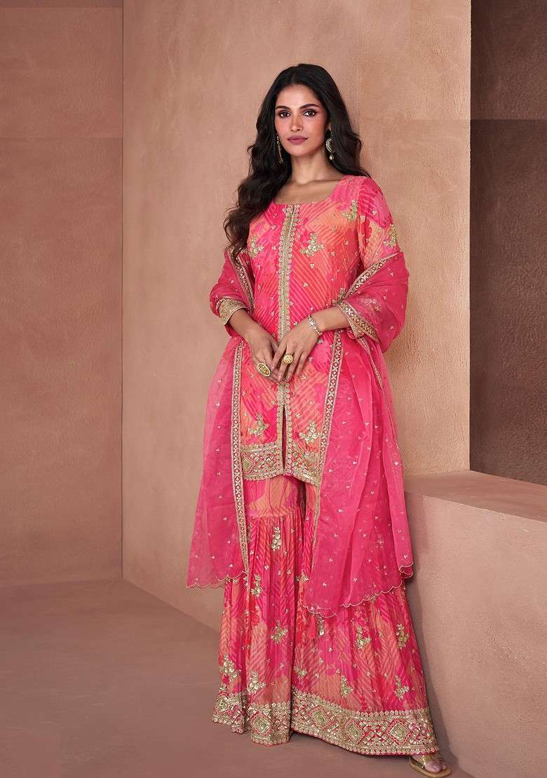 Orange Embroidered Georgette Sharara Set - Indya