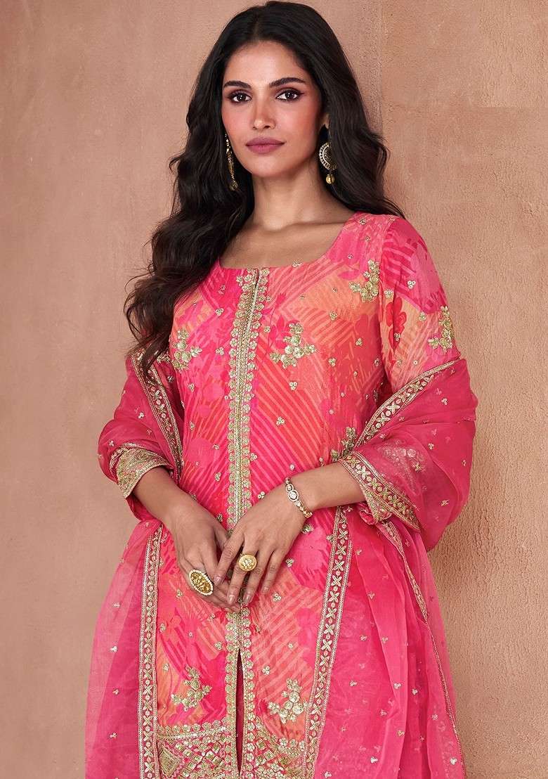 Orange Embroidered Georgette Sharara Set - Indya