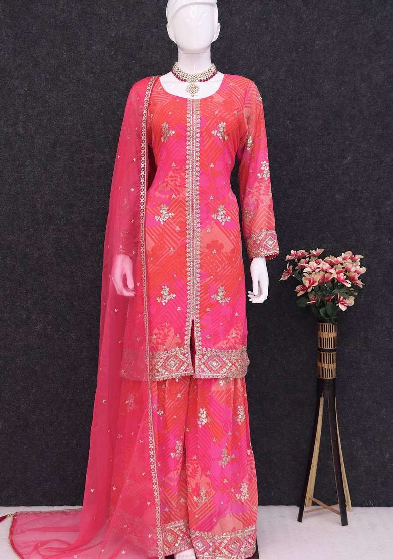 Orange Embroidered Georgette Sharara Set - Indya