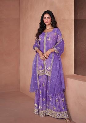 Violet Digital Print Sequin Embroidered Georgette Palazzo Set