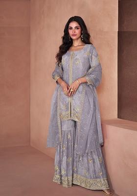 Light Purple Digital Print Sequin Embroidered Georgette Palazzo Set