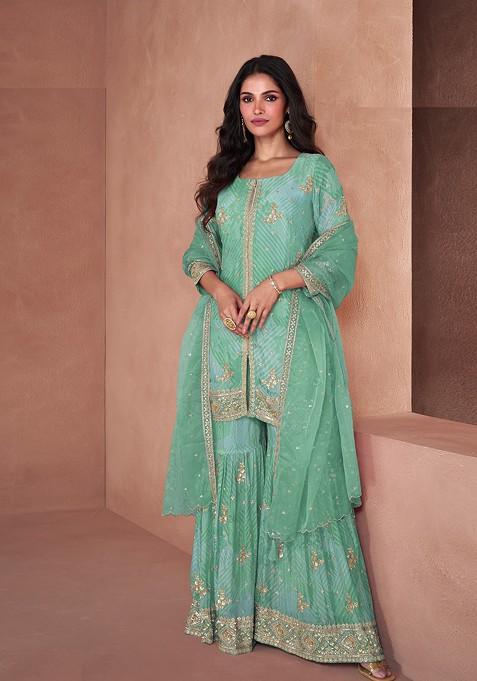 Light Green Digital Print Sequin Embroidered Georgette Palazzo Set