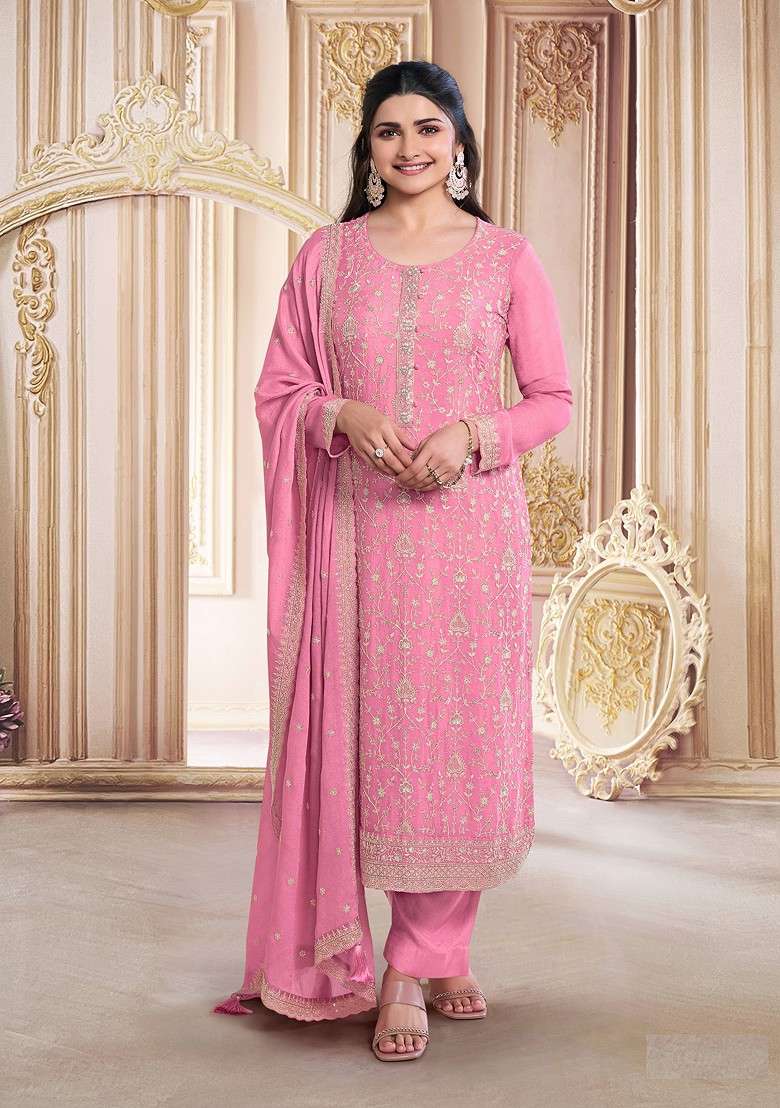 Orange Embroidered Georgette Pakistani Suit Set - Indya