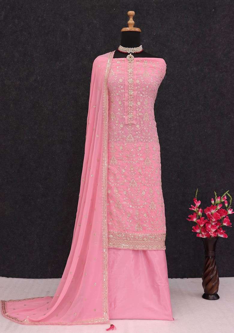 Orange Embroidered Georgette Pakistani Suit Set - Indya