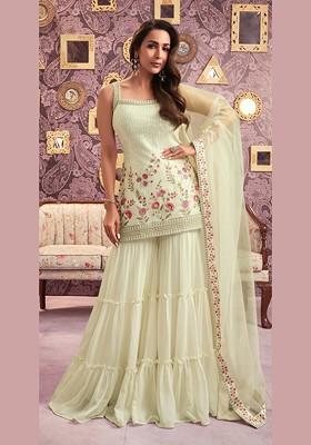 Cream Zari Sequin Embroidered Georgette Kurta Set