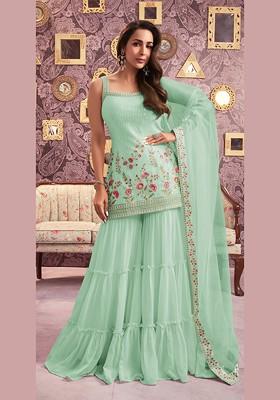 Green Zari Sequin Embroidered Georgette Kurta Set