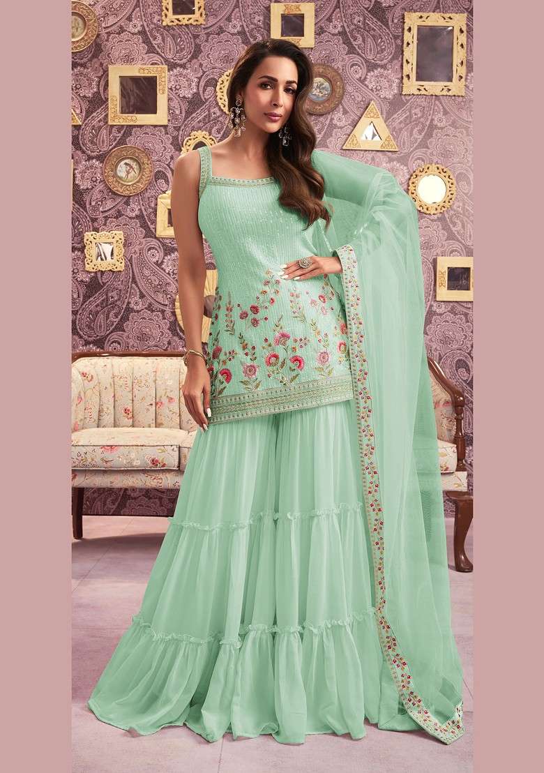 Green Zari Sequin Embroidered Georgette Kurta Set - Indya