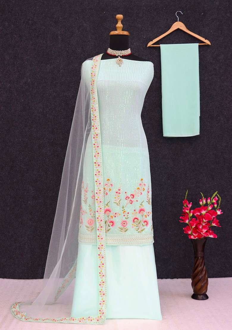 Green Zari Sequin Embroidered Georgette Kurta Set - Indya