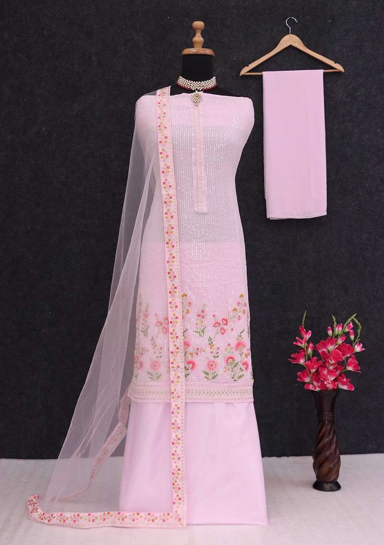 Pink Embroidered Georgette Sharara Set - Indya