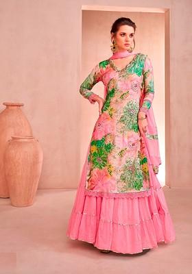 Pink Zari Sequin Embroidered Digital Print Kurta Set