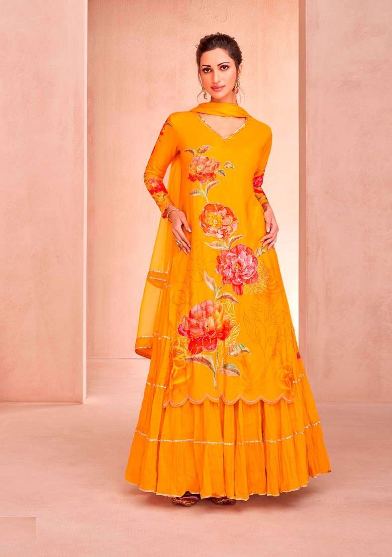 Yellow Embroidered Blended Anarkali Set - Indya