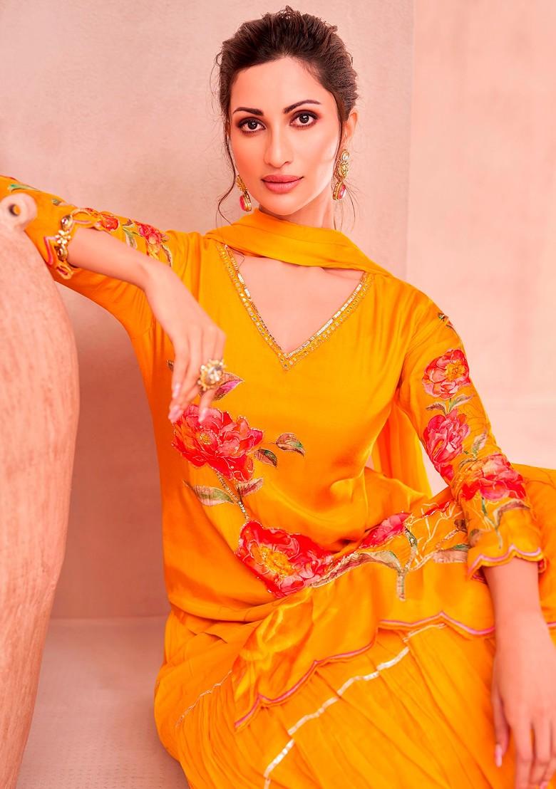 Yellow Zari Sequin Embroidered Digital Print Kurta Set