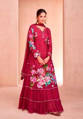 Wine Zari Sequin Embroidered Digital Print Kurta Set