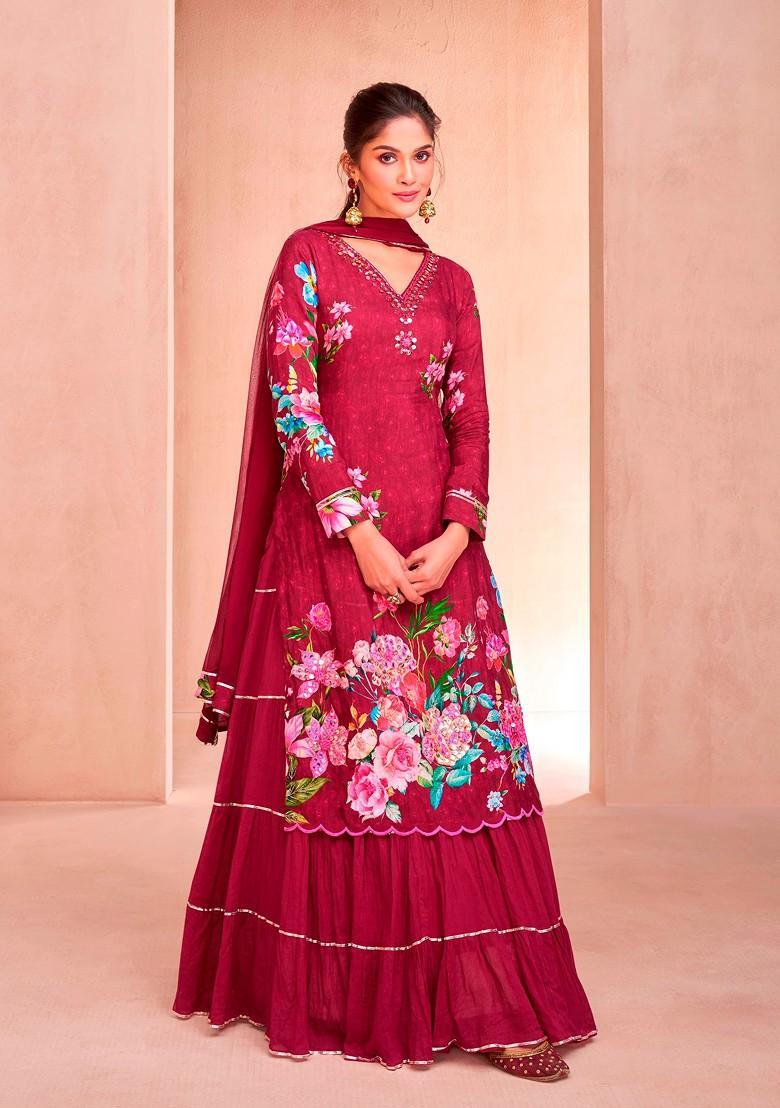 Wine Zari Sequin Embroidered Digital Print Kurta Set