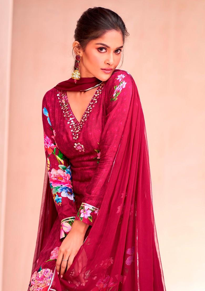 Wine Zari Sequin Embroidered Digital Print Kurta Set