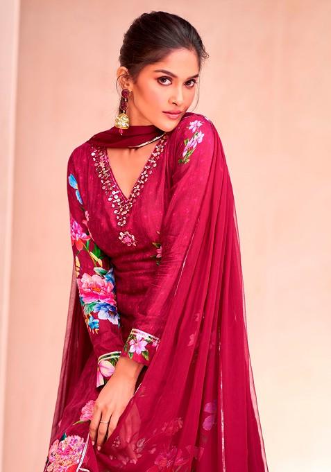 Wine Zari Sequin Embroidered Digital Print Kurta Set