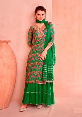 Green Zari Sequin Embroidered Digital Print Kurta Set