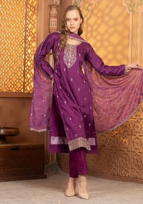 Purple Thread Sequin Embroidered Georgette Kurta Set