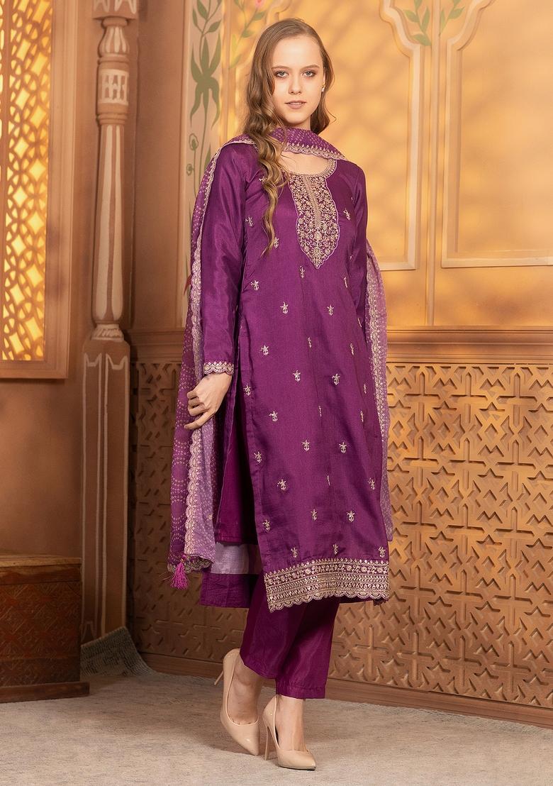 Purple Thread Sequin Embroidered Georgette Kurta Set