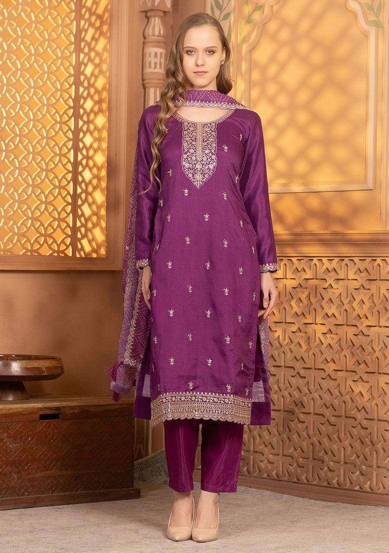 Purple Thread Sequin Embroidered Georgette Kurta Set