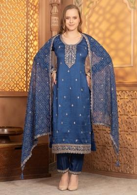 Royal Blue Thread Sequin Embroidered Georgette Kurta Set
