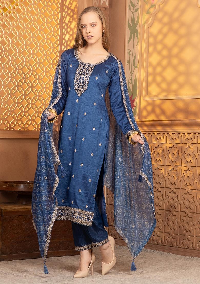 Royal Blue Thread Sequin Embroidered Georgette Kurta Set