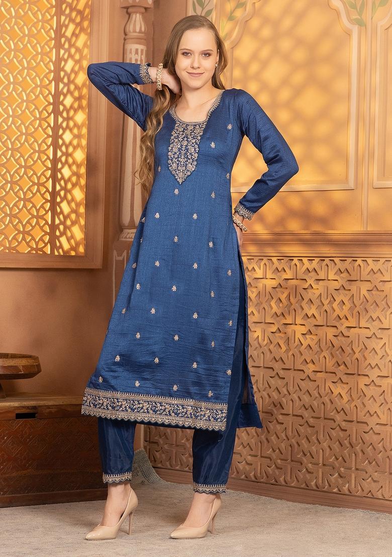 Royal Blue Thread Sequin Embroidered Georgette Kurta Set