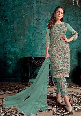 Light Green Zari Sequin Embroidered Net Kurta Set