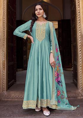 Sky Blue Zari Sequin Embroidered Vichitra Silk Anarkali Kurta Set