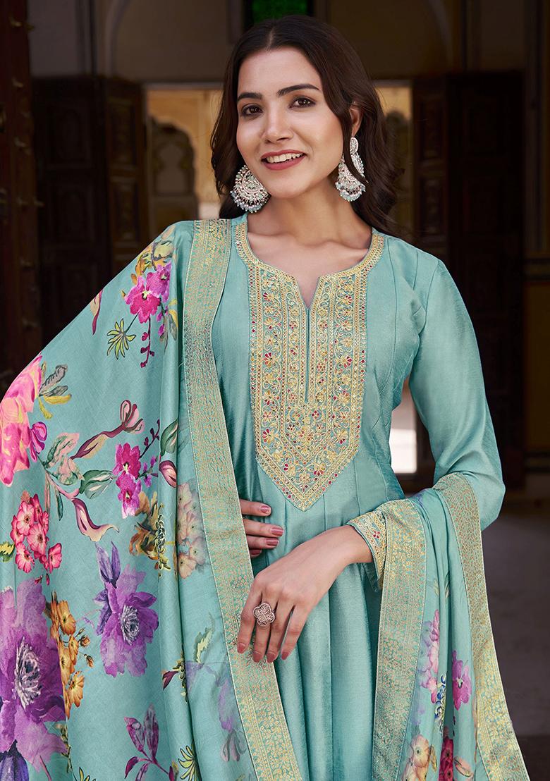 Sky Blue Zari Sequin Embroidered Vichitra Silk Anarkali Kurta Set