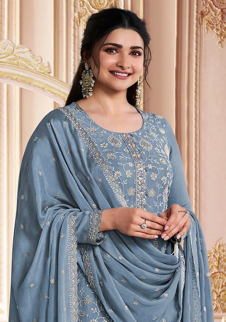 Grey Zari Sequin Embroidered Chinon Silk Kurta Set