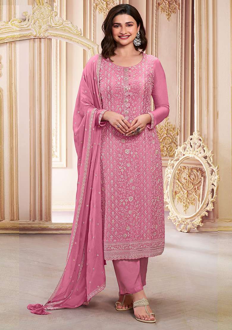 Pink Zari Sequin Embroidered Chinon Silk Kurta Set - Indya