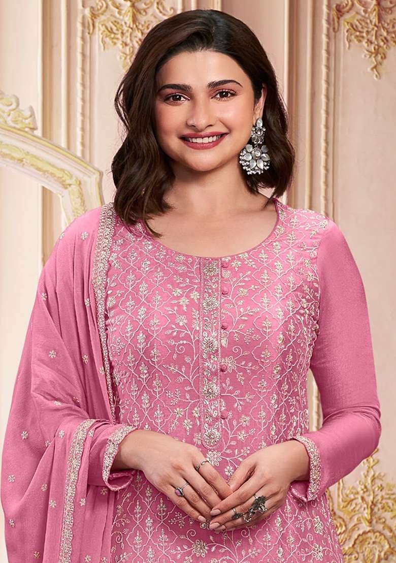 Pink Zari Sequin Embroidered Chinon Silk Kurta Set - Indya