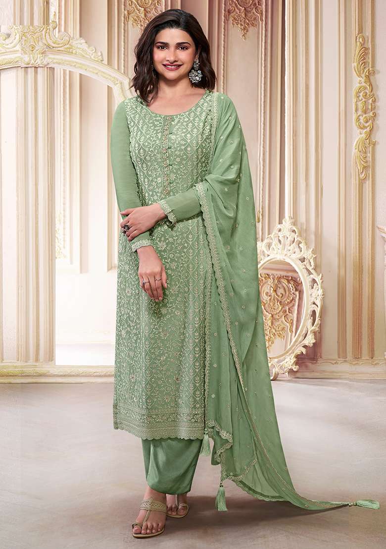 Green Embroidered Chinon Pakistani Suit Set - Indya
