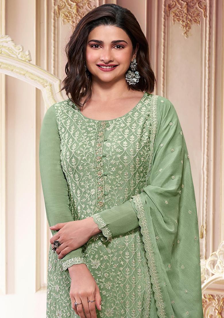 Green Zari Sequin Embroidered Chinon Silk Kurta Set