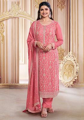 Orange Zari Sequin Embroidered Chinon Silk Kurta Set