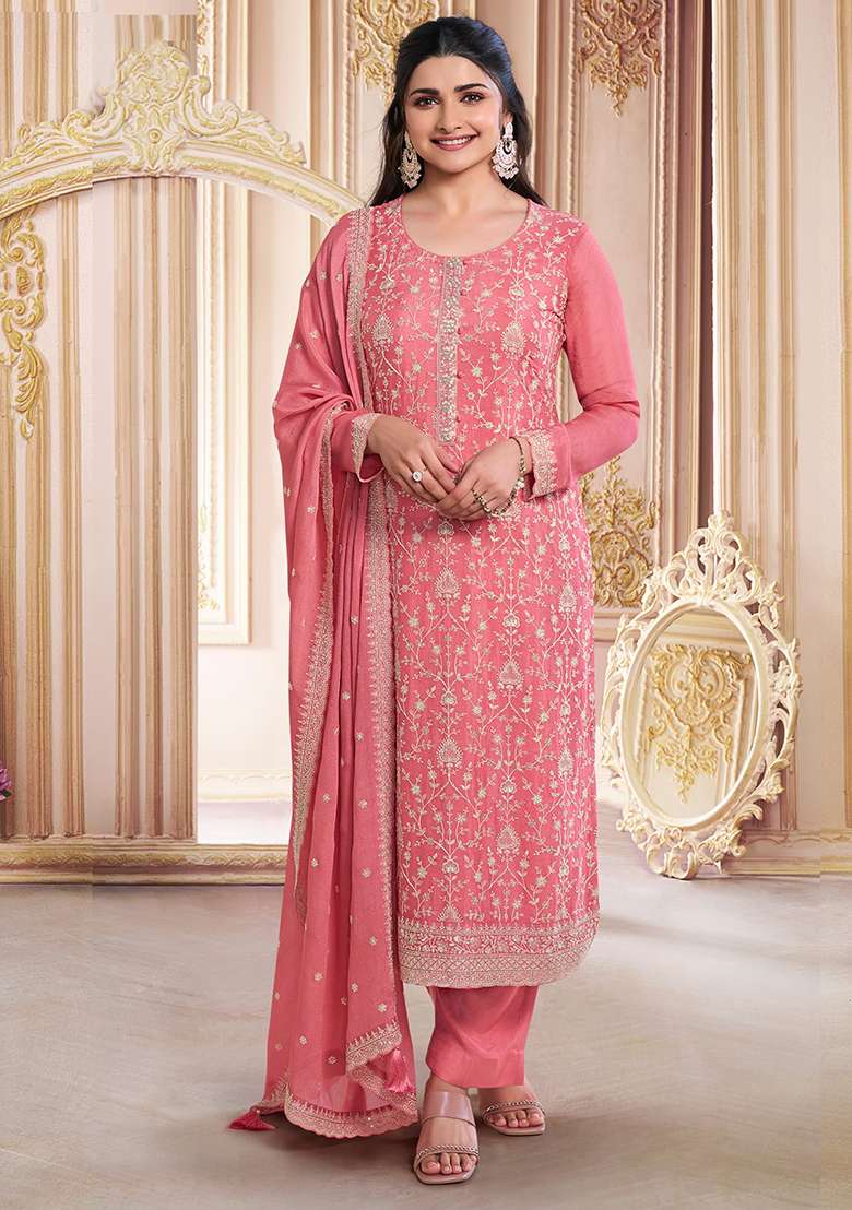 Orange Embroidered Chinon Straight Kurta Set - Indya