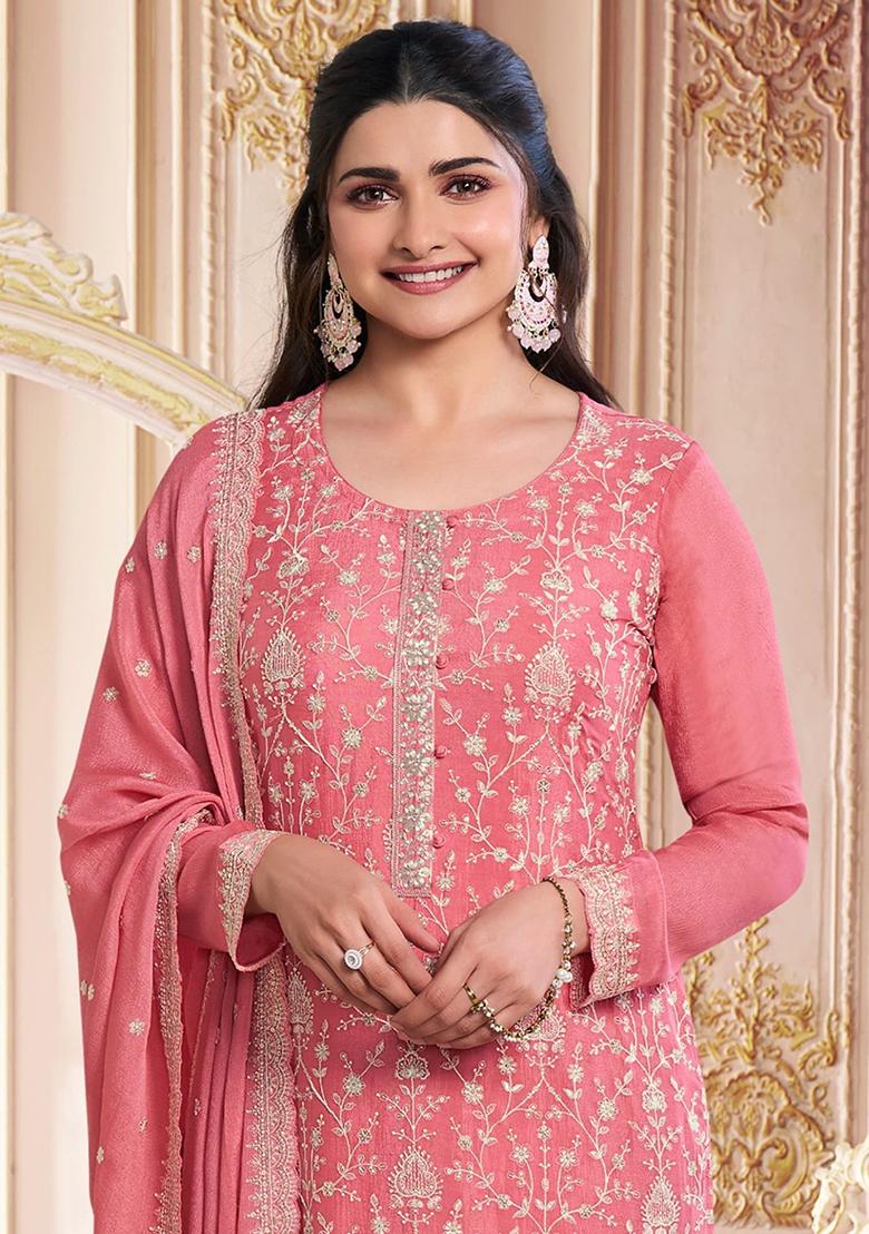 Orange Zari Sequin Embroidered Chinon Silk Kurta Set