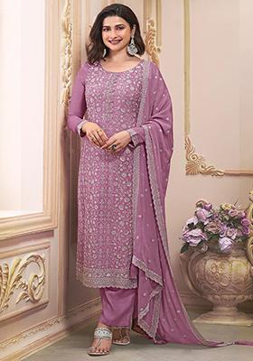 Purple Zari Sequin Embroidered Chinon Silk Kurta Set