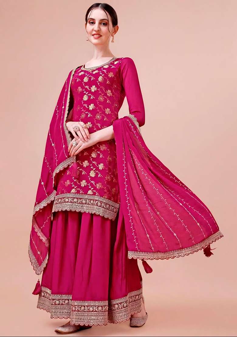 Rani Pink Zari Sequin Embroidered Chinon Jacquard Palazzo Set - Indya
