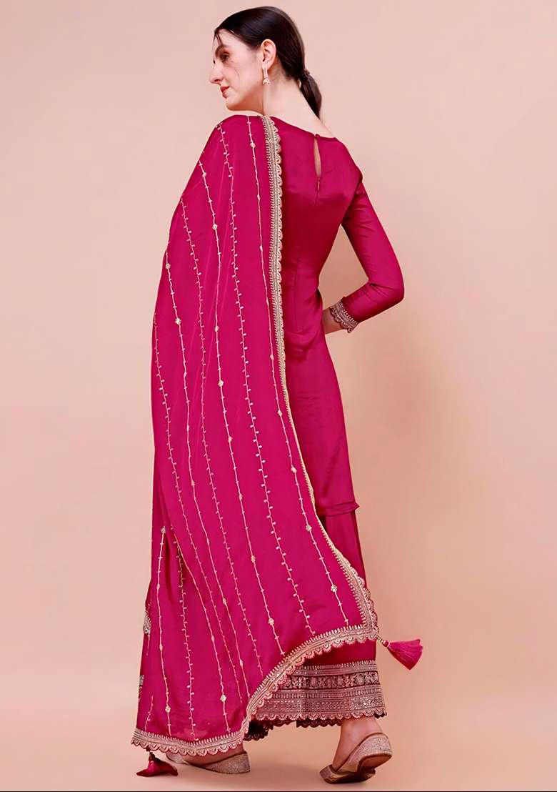 Rani Pink Zari Sequin Embroidered Chinon Jacquard Palazzo Set - Indya