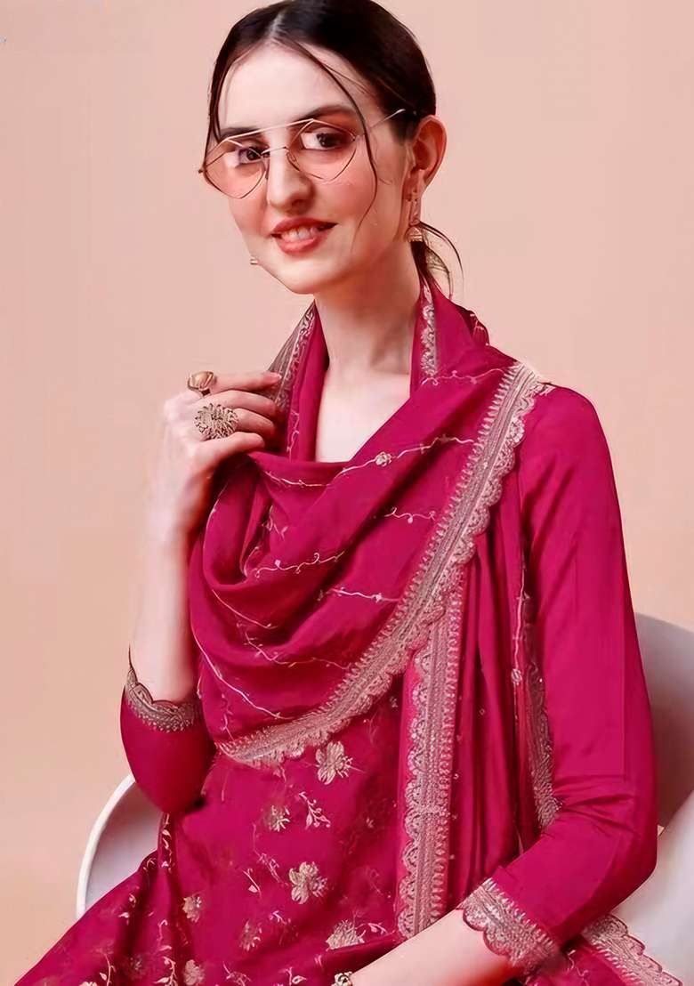 Rani Pink Zari Sequin Embroidered Chinon Jacquard Palazzo Set - Indya