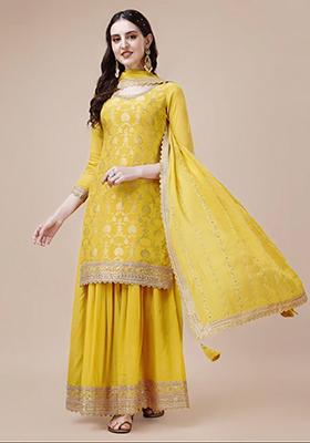 Yellow Zari Sequin Embroidered Chinon Jacquard Palazzo Set With Dupatta