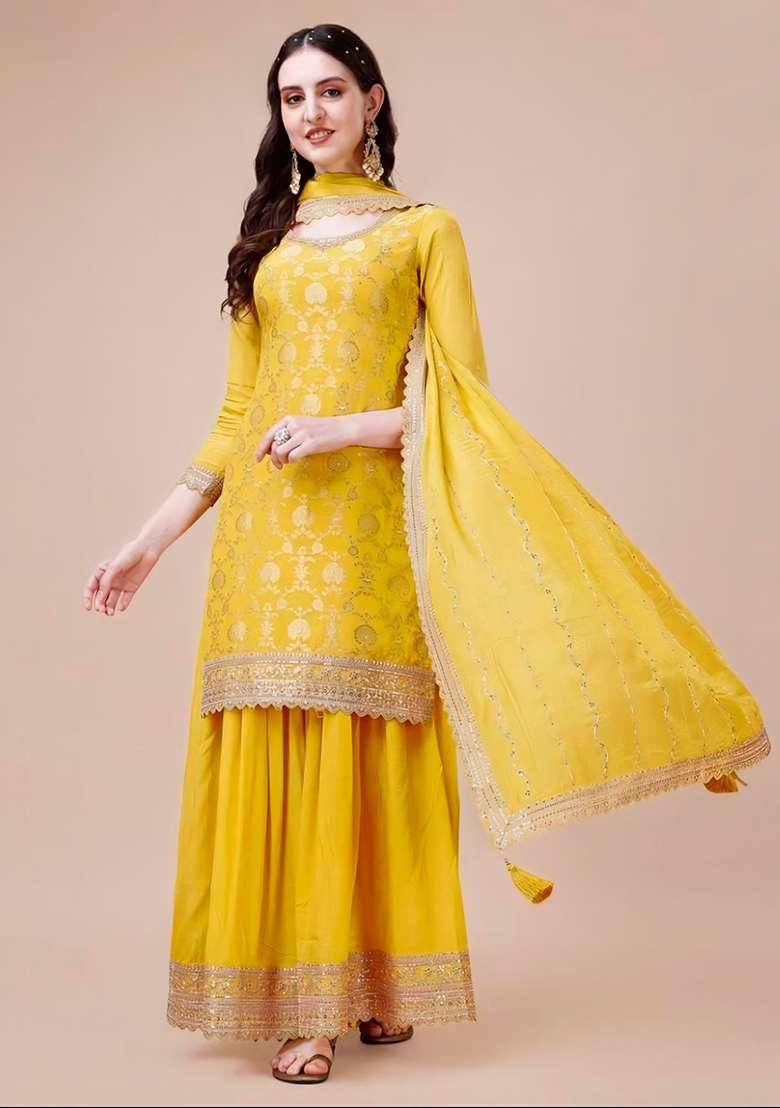 Yellow Embroidered Chinon Sharara Set - Indya