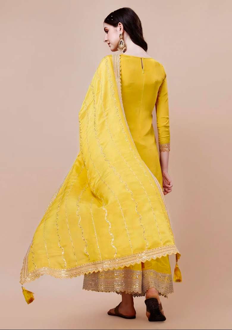Yellow Embroidered Chinon Sharara Set - Indya