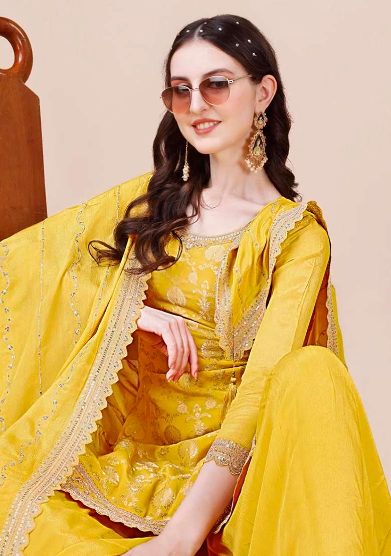 Yellow Embroidered Chinon Sharara Set - Indya