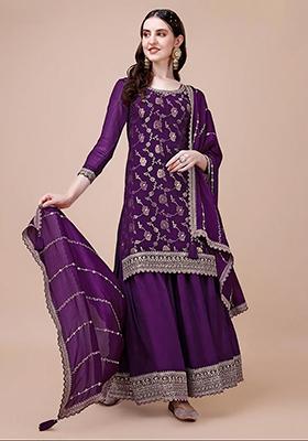 Purple Zari Sequin Embroidered Chinon Jacquard Palazzo Set