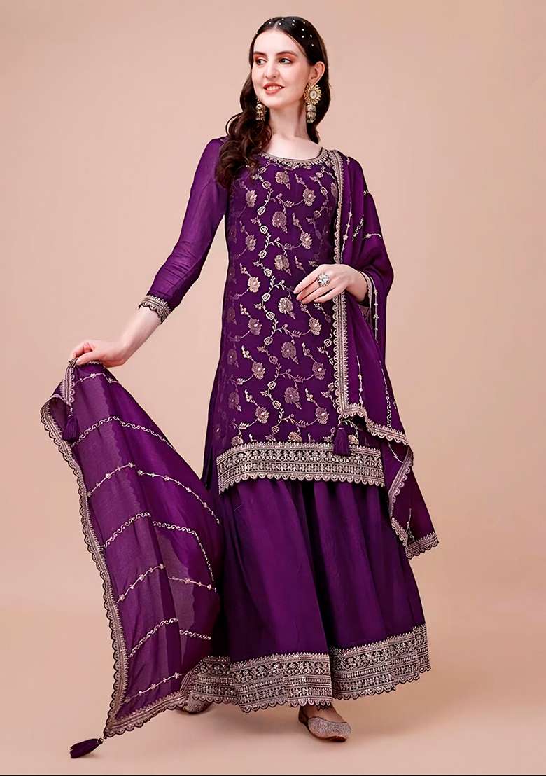 Purple Zari Sequin Embroidered Chinon Jacquard Palazzo Set - Indya
