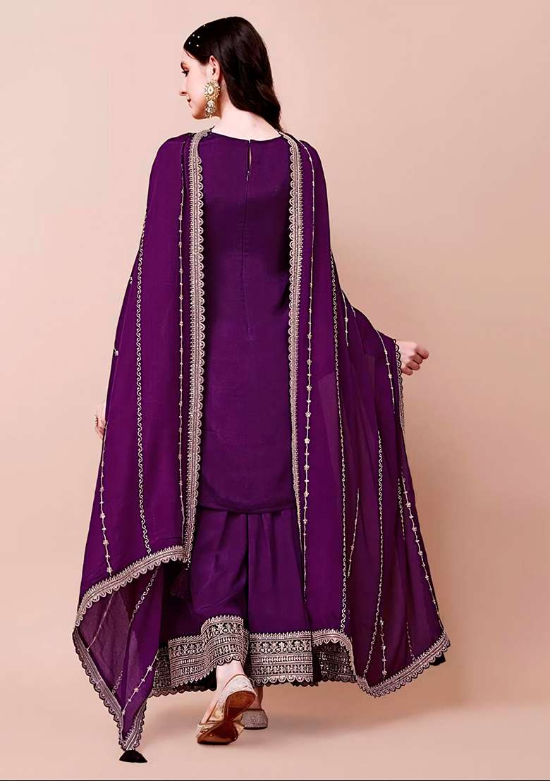 Purple Zari Sequin Embroidered Chinon Jacquard Palazzo Set - Indya
